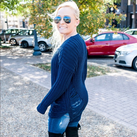 Blowout Sale Navy Frayed Sweater - Picture 3 of 3